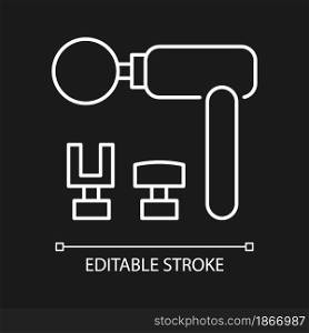 Percussive massage tool white linear icon for dark theme. Massage gun. Muscles, tissues massaging. Thin line customizable illustration. Isolated vector contour symbol for night mode. Editable stroke. Percussive massage tool white linear icon for dark theme