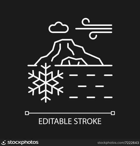 Perennial ice white linear icon for dark theme. Ice layers covering ground. Polar glaciers. Thin line customizable illustration. Isolated vector contour symbol for night mode. Editable stroke. Perennial ice white linear icon for dark theme