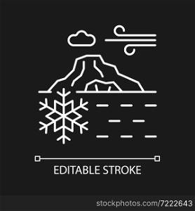 Perennial ice white linear icon for dark theme. Ice layers covering ground. Polar glaciers. Thin line customizable illustration. Isolated vector contour symbol for night mode. Editable stroke. Perennial ice white linear icon for dark theme