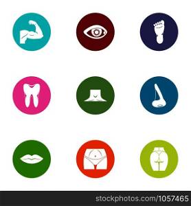 Perfect body icons set. Flat set of 9 perfect body vector icons for web isolated on white background. Perfect body icons set, flat style