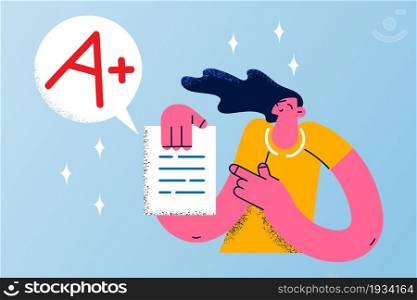 Perfect education marks success concept. Smiling happy girl cartoon character standing holding document test in school or university with perfect excellent mark vector illustration . Perfect education marks success concept.