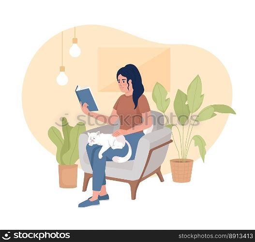 Perfect weekend for introvert 2D vector isolated illustration. Woman reading book with cat on lap flat character on cartoon background. Colorful editable scene for mobile, website, presentation. Perfect weekend for introvert 2D vector isolated illustration