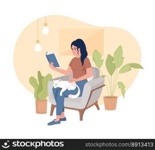 Perfect weekend for introvert 2D vector isolated illustration. Woman reading book with cat on lap flat character on cartoon background. Colorful editable scene for mobile, website, presentation. Perfect weekend for introvert 2D vector isolated illustration