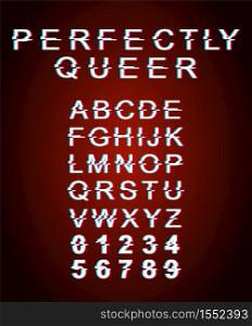 Perfectly queer font template. Retro futuristic style vector alphabet set on red background. Capital letters, numbers and symbols. Equality pride typeface design with distortion effect