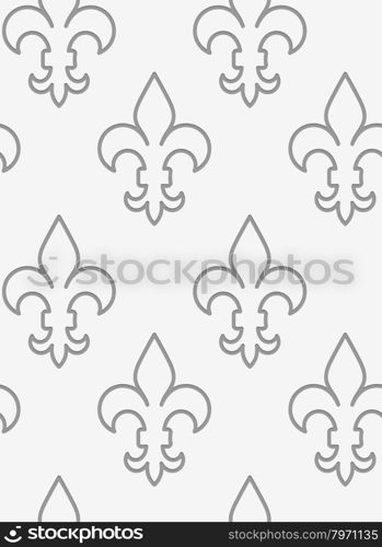 Perforated countered Fleur-de-lis in row.Seamless geometric background. Modern monochrome 3D texture. Pattern with realistic shadow and cut out of paper effect.