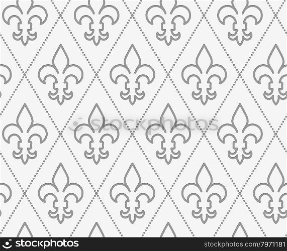 Perforated countered Fleur-de-lis.Seamless geometric background. Modern monochrome 3D texture. Pattern with realistic shadow and cut out of paper effect.