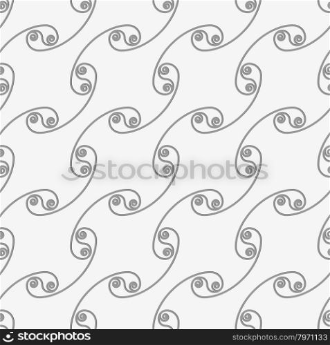 Perforated diagonal arcs with spirals.Seamless geometric background. Modern monochrome 3D texture. Pattern with realistic shadow and cut out of paper effect.