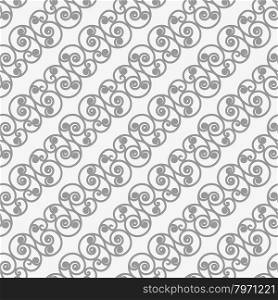 Perforated diagonal spiral flourish shapes small.Seamless geometric background. Modern monochrome 3D texture. Pattern with realistic shadow and cut out of paper effect.