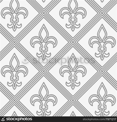 Perforated double countered Fleur-de-lis.Seamless geometric background. Modern monochrome 3D texture. Pattern with realistic shadow and cut out of paper effect.