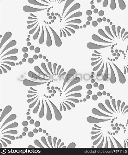Perforated flourish tear drops thee turn.Seamless geometric background. Modern monochrome 3D texture. Pattern with realistic shadow and cut out of paper effect.