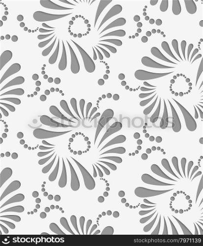 Perforated flourish tear drops thee turn with dots.Seamless geometric background. Modern monochrome 3D texture. Pattern with realistic shadow and cut out of paper effect.