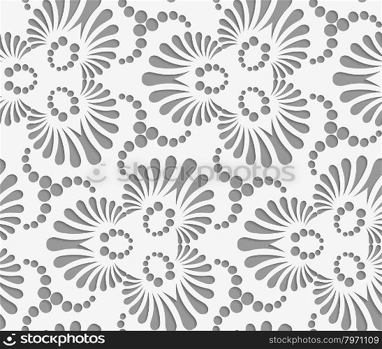 Perforated flourish tear drops trefoils and dots.Seamless geometric background. Modern monochrome 3D texture. Pattern with realistic shadow and cut out of paper effect.