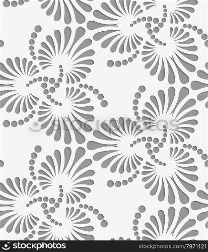 Perforated flourish tear drops trefoils.Seamless geometric background. Modern monochrome 3D texture. Pattern with realistic shadow and cut out of paper effect.