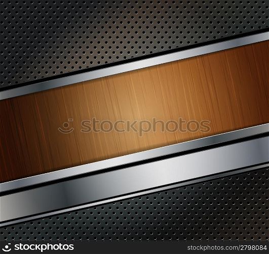 perforated metal background with wooden banner