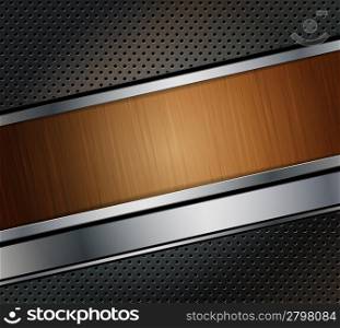 perforated metal background with wooden banner