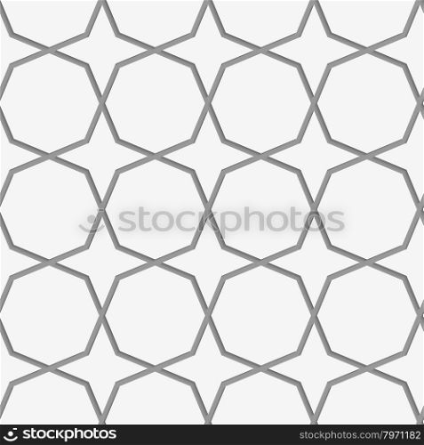 Perforated octagons forming stars.Seamless geometric background. Modern monochrome 3D texture. Pattern with realistic shadow and cut out of paper effect.
