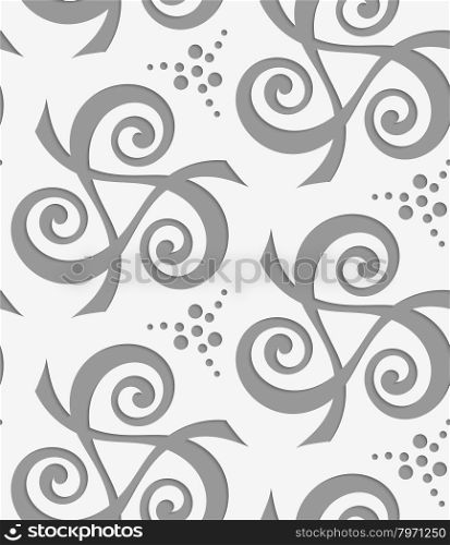 Perforated spirals forming triangles with dots.Seamless geometric background. Modern monochrome 3D texture. Pattern with realistic shadow and cut out of paper effect.