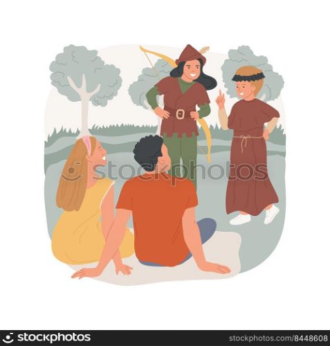 Perform skits isolated cartoon vector illustration. Camping skits, leisure time outdoors, family on summer holiday, kids perform for parents, funny performance, stand-up comedy vector cartoon.. Perform skits isolated cartoon vector illustration.