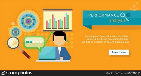 Performance Analysis Banner. Person Work at Laptop. Performance analysis banner. Person working at laptop, making financial planning or generating report. Presentation of financial planning. Business man search for solutions infographics. Vector