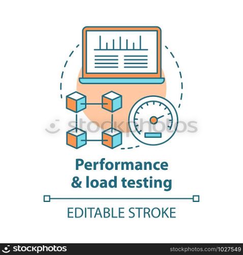 Performance and load testing concept icon. Research system speed, stability. Website speed optimization. Application check idea thin line illustration. Vector isolated outline drawing. Editable stroke