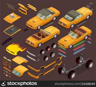 Performance car engine tuning styling parts equipment and accessories isometric set garage and webshop advertisement vector illustration . Car Tuning Snyling Parts Isometric Set
