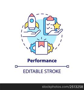 Performance concept icon. Goods and service quality. Product need abstract idea thin line illustration. Isolated outline drawing. Editable stroke. Arial, Myriad Pro-Bold fonts used. Performance concept icon