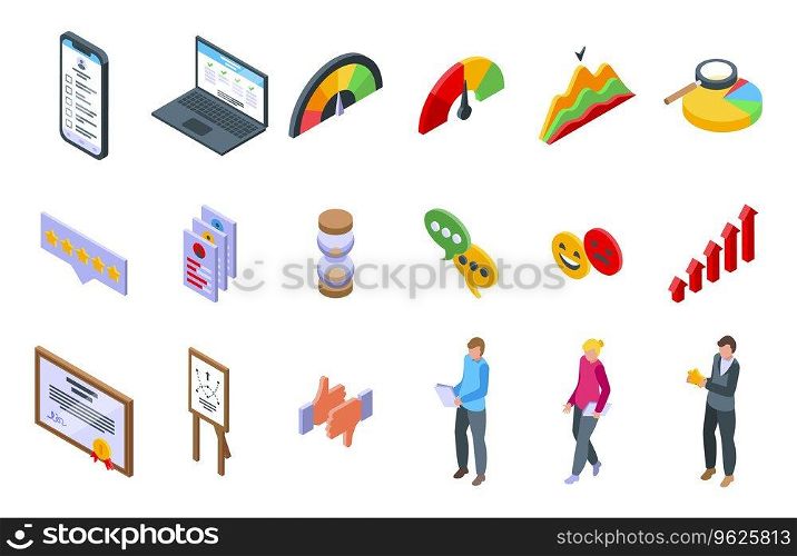 Performance Evaluation icons set isometric vector. Test result. Marketing review. Performance Evaluation icons set isometric vector. Test result