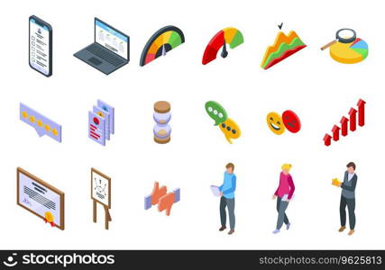 Performance Evaluation icons set isometric vector. Test result. Marketing review. Performance Evaluation icons set isometric vector. Test result