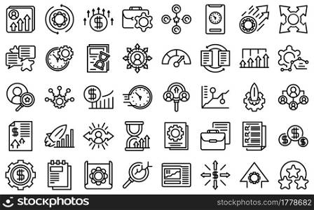Performance management icons set outline vector. Study hypothesis. Finance people monitor. Performance management icons set outline vector. Study hypothesis