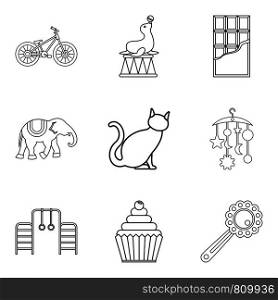 Performance of animal icons set. Outline set of 9 performance of animal vector icons for web isolated on white background. Performance of animal icons set, outline style