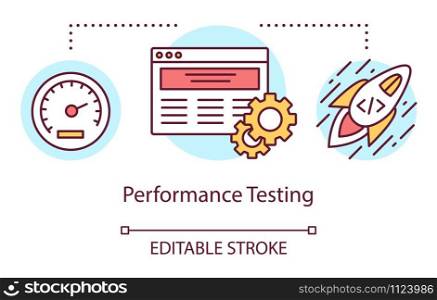 Performance testing concept icon. Examine computer functionality idea thin line illustration. Software testing process. Indicating issues and problems. Vector isolated outline drawing. Editable stroke