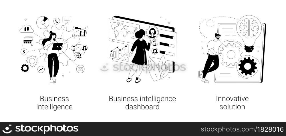 Performance tools and software solutions abstract concept vector illustration set. Business intelligence, intelligence dashboard, innovative solution, data analysis, KPI metrics abstract metaphor.. Performance tools and software solutions abstract concept vector illustrations.