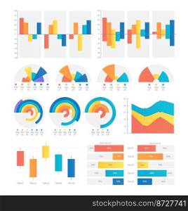 Performing educational information with infographic chart design template set. Visual data presentation. Editable bar graphs and circular diagrams collection. Myriad Variable Concept font used. Performing educational information with infographic chart design template set