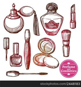 Perfume and cosmetics various elements and accessories set performed in hand drawn style isolated vector illustration. Cosmetics Set Hand Drawn Style