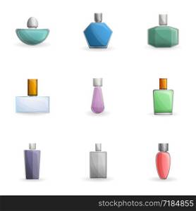 Perfume bottle icon set. Cartoon set of 9 perfume bottle vector icons for web design isolated on white background. Perfume bottle icon set, cartoon style