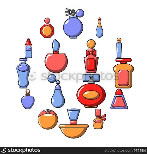 Perfume bottle icons set. Cartoon illustration of 16 perfume bottle vector icons for web. Perfume bottle icons set, cartoon style