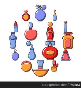 Perfume bottle icons set. Cartoon illustration of 16 perfume bottle vector icons for web. Perfume bottle icons set, cartoon style
