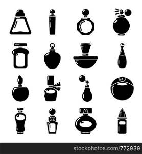 Perfume bottle icons set. Simple illustration of 16 perfume bottle vector icons for web. Perfume bottle icons set, simple style