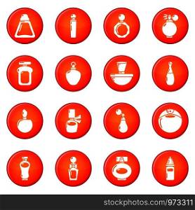 Perfume bottle icons set vector red circle isolated on white background . Perfume bottle icons set red vector