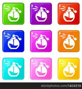 Perfume bottle spray icons set 9 color collection isolated on white for any design. Perfume bottle spray icons set 9 color collection