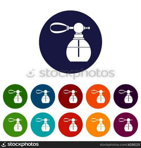 Perfume bottle with vaporizer set icons in different colors isolated on white background. Perfume bottle with vaporizer set icons