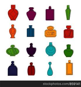 Perfume bottles icons set. Doodle illustration of vector icons isolated on white background for any web design. Perfume bottles icons doodle set
