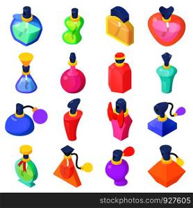 Perfume bottles icons set. Isometric illustration of 16 perfume bottles vector icons for web. Perfume bottles icons set, isometric style