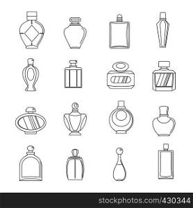Perfume bottles icons set. Outline illustration of 16 perfume bottles vector icons for web. Perfume bottles icons set, outline style