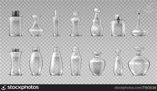 Perfume bottles. Realistic 3D glass containers for fragrance water, aroma cosmetic spray flask. Vector container makeup glossy cristales vial set on transparent background. Perfume bottles. Realistic 3D glass containers for fragrance water, aroma cosmetic spray flask. Vector makeup glossy vial set