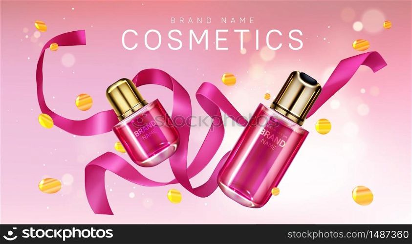 Perfume bottles with pink silk ribbon and golden confetti. Vector realistic brand poster with glass bottles for face care cosmetics, premium fragrance product. Promo banner, advertising background. Perfume bottles with pink ribbon and confetti