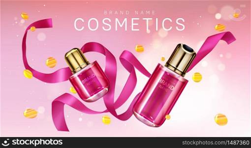 Perfume bottles with pink silk ribbon and golden confetti. Vector realistic brand poster with glass bottles for face care cosmetics, premium fragrance product. Promo banner, advertising background. Perfume bottles with pink ribbon and confetti