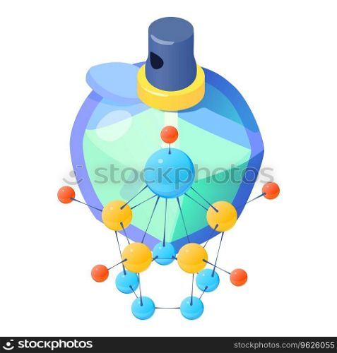 Perfume concept icon isometric vector. Bottle of perfume and molecule symbol. Parfum de toilette, aroma, perfumery. Perfume concept icon isometric vector. Bottle of perfume and molecule symbol