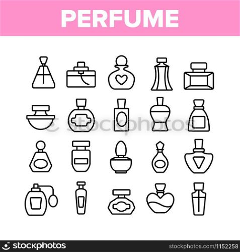 Perfume Containers Collection Icons Set Vector Thin Line. Glass Bottles With Aromatic Perfume In Different Beautiful Forms Concept Linear Pictograms. Monochrome Contour Illustrations. Perfume Containers Collection Icons Set Vector
