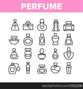 Perfume Containers Collection Icons Set Vector Thin Line. Glass Bottles With Aromatic Perfume In Different Beautiful Forms Concept Linear Pictograms. Monochrome Contour Illustrations. Perfume Containers Collection Icons Set Vector
